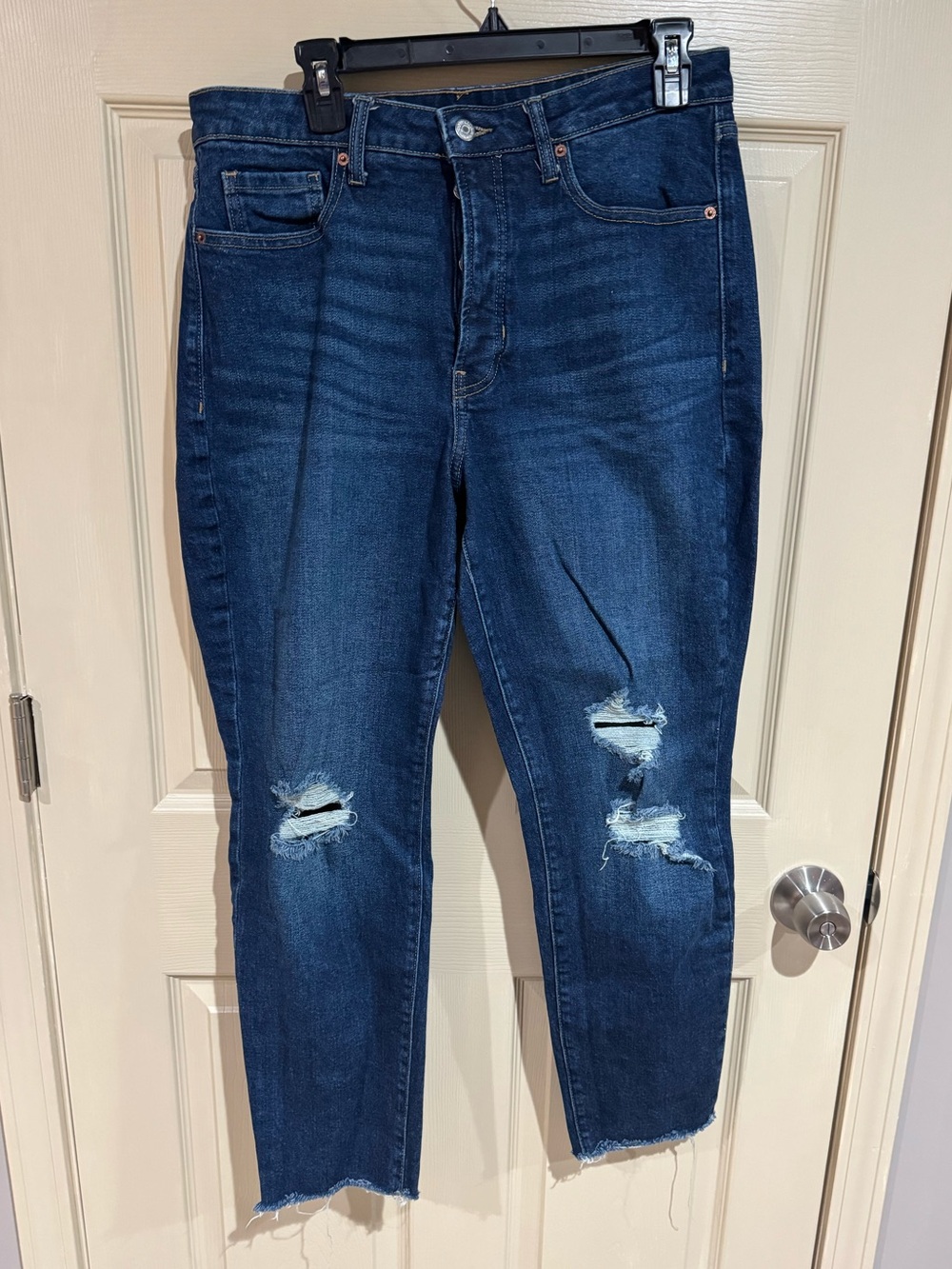 Old Navy Dark Blue Distressed High-Rise O.G. Straight Jeans
